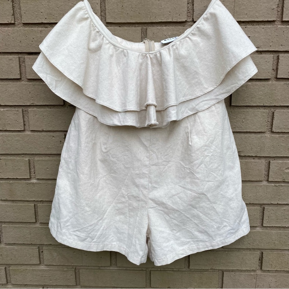 Hello Molly Sunset Glowing Strapless Ruffle Romper Oatmeal Cotton Linen Size 10 - Picture 2 of 8